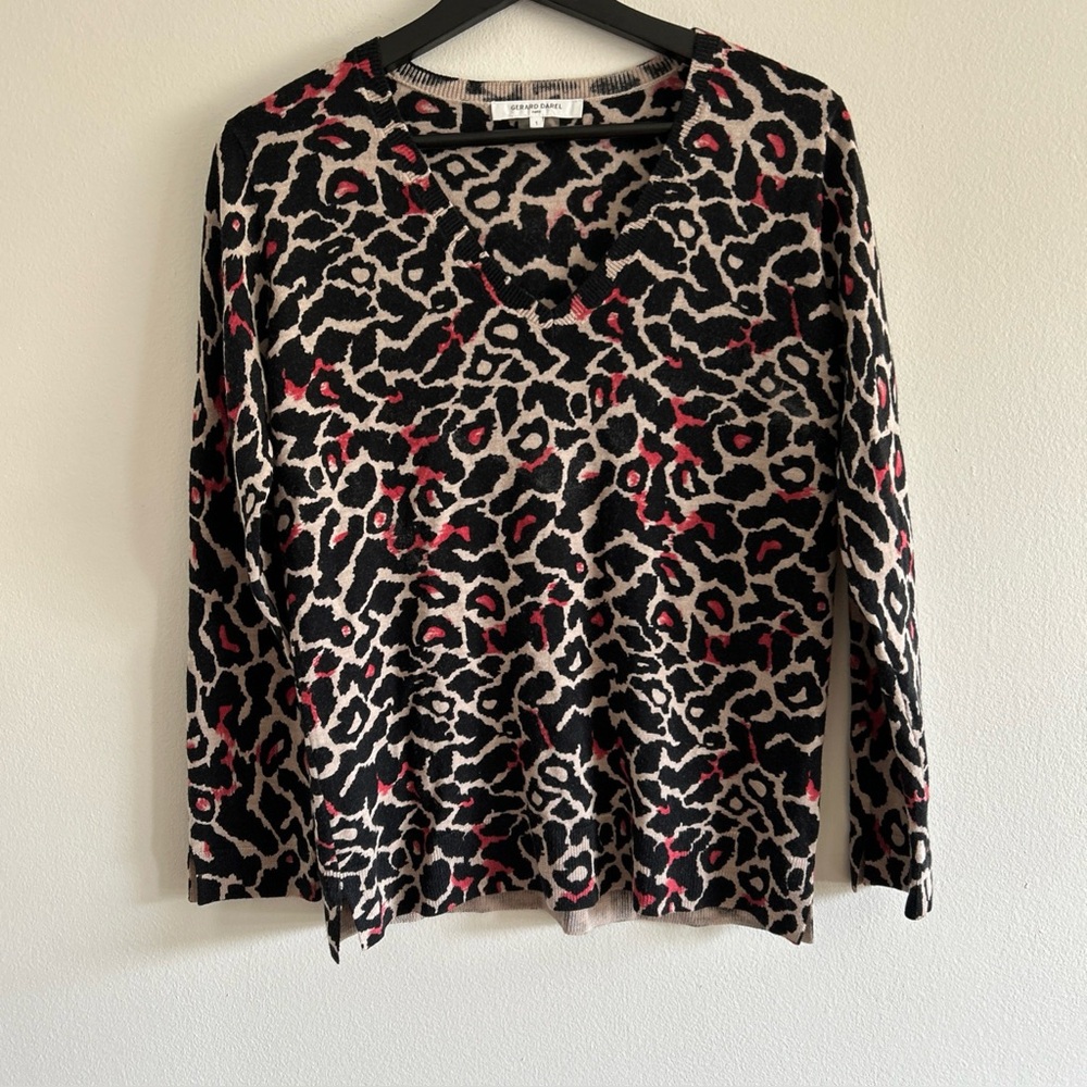 Gerald Darel Women’s Leopard  100% Wool Print Crew Knit Sweater Sz L
